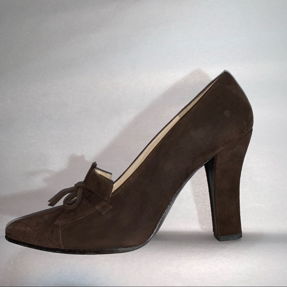 CHANEL size 39.5 brown suede block heel PUMPS w/quilted cap toe - Picture 8 of 9